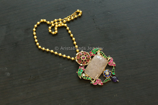 Rose Quartz Jadau Fusion Necklace In Matar Mala