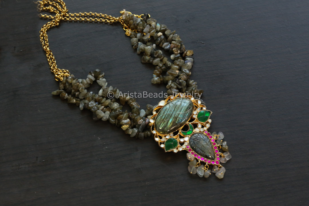 Labradorite Jadau Kundan Pendant Necklace - Style 4