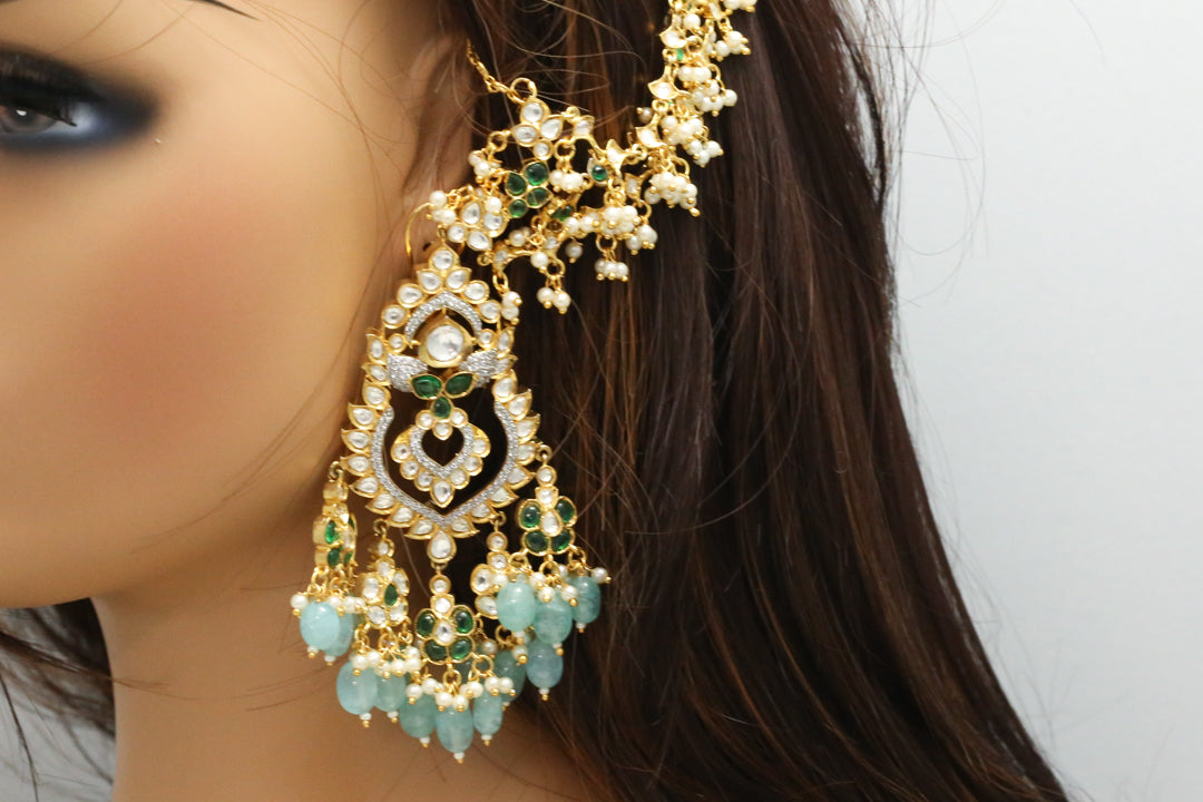 Look Kundan Polki Chandbaali With Ear Chain - Aqua