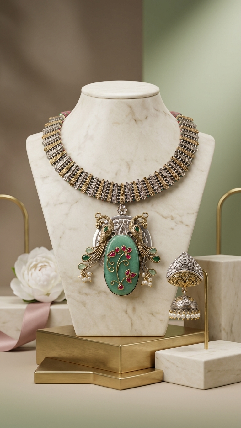 Fusion Inlay Kundan SLA Necklace - Mint