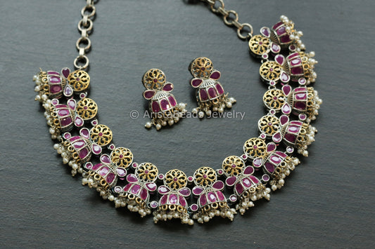 Ruby Dual Tone Jhumka Necklace Set