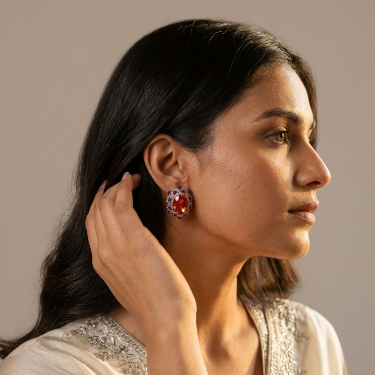 Peony Premium Micro CZ Earrings -  Red Orange