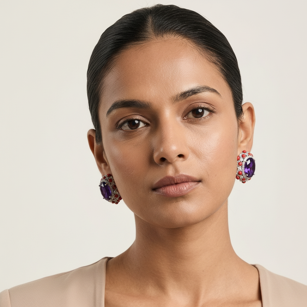 Peony Premium Micro CZ Earrings -  Red Purple