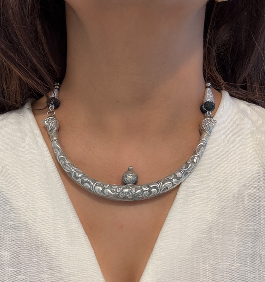 Silver Look Oxidized Hasli Necklace
