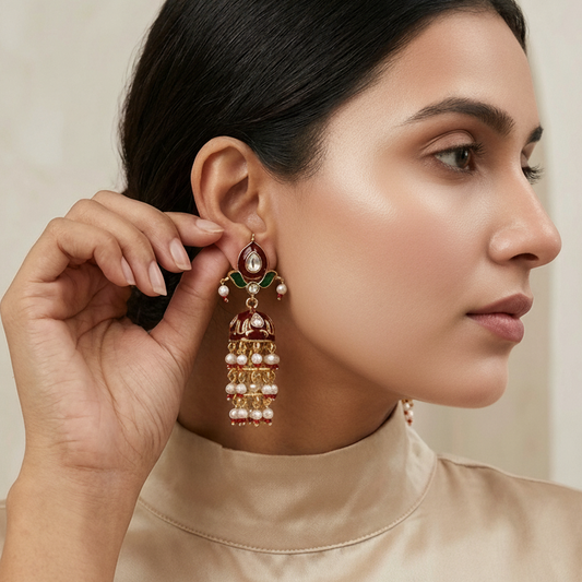 Jadau Kundan Meenakari Jhumka - Red