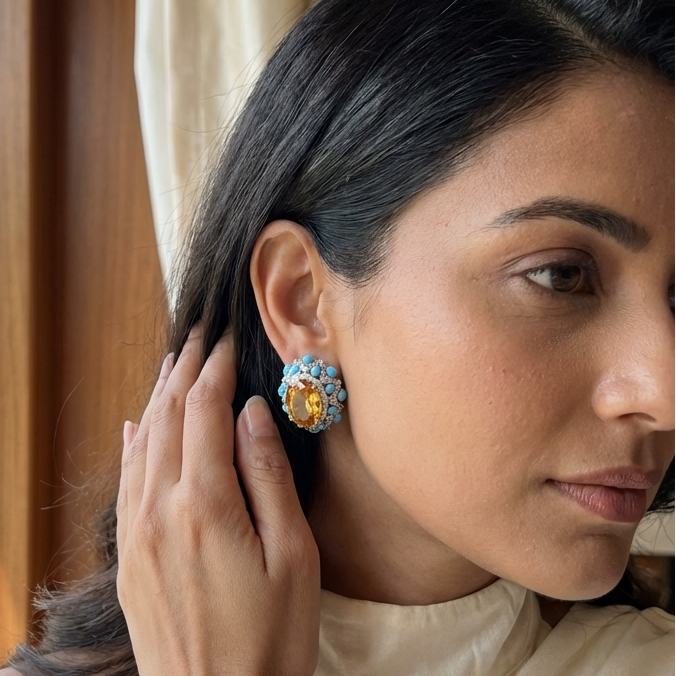 Peony Premium Micro CZ Earrings -  Yellow Turquoise