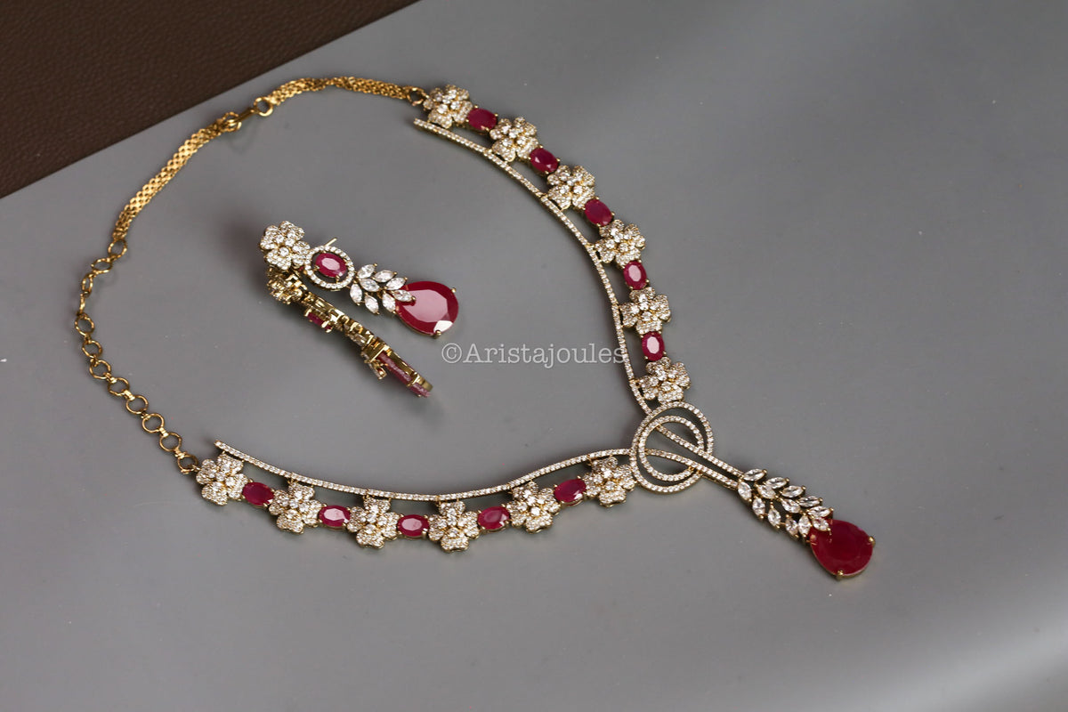 Ranjana Ruby Stones & CZ Necklace Set