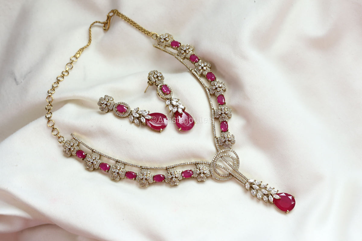 Ranjana Ruby Stones & CZ Necklace Set