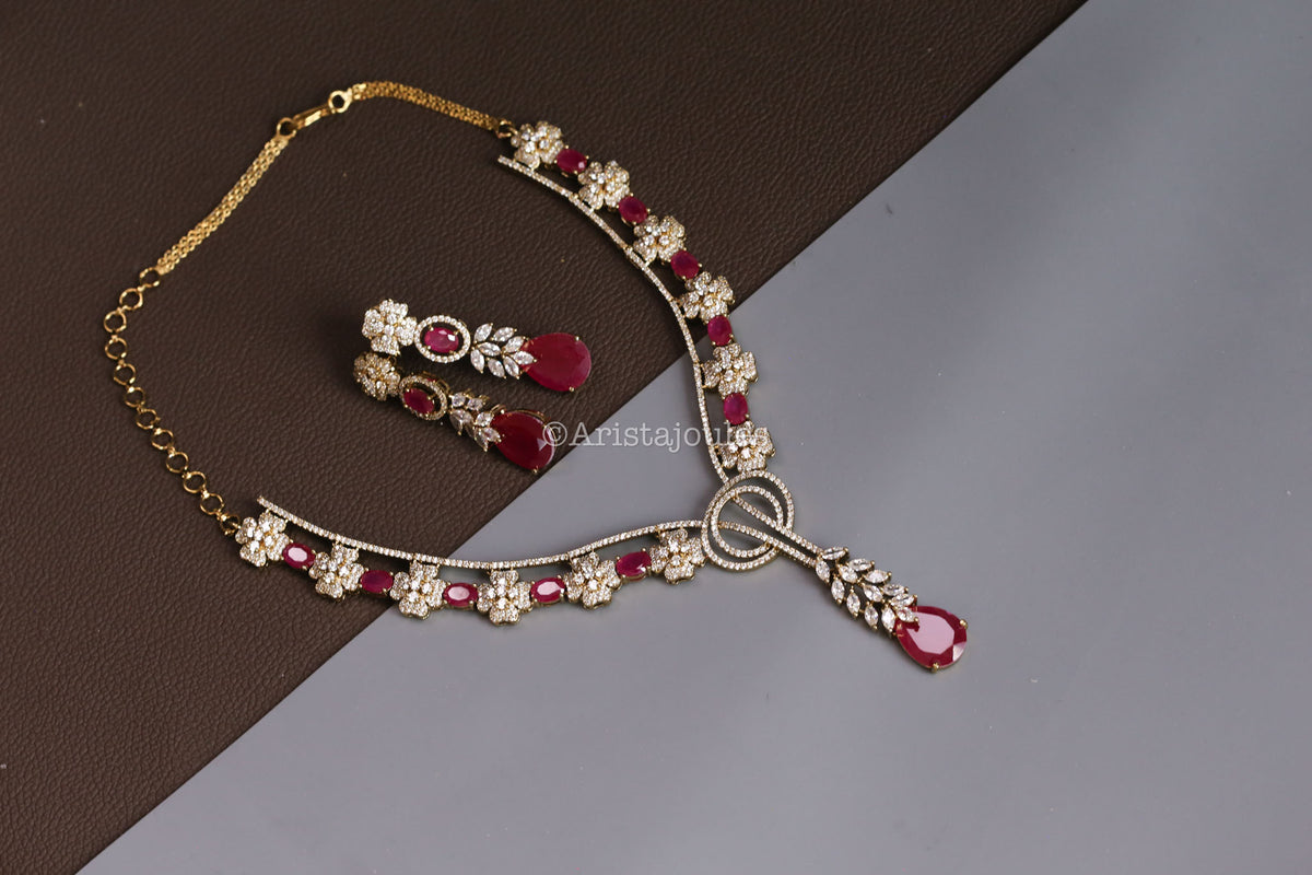 Ranjana Ruby Stones & CZ Necklace Set