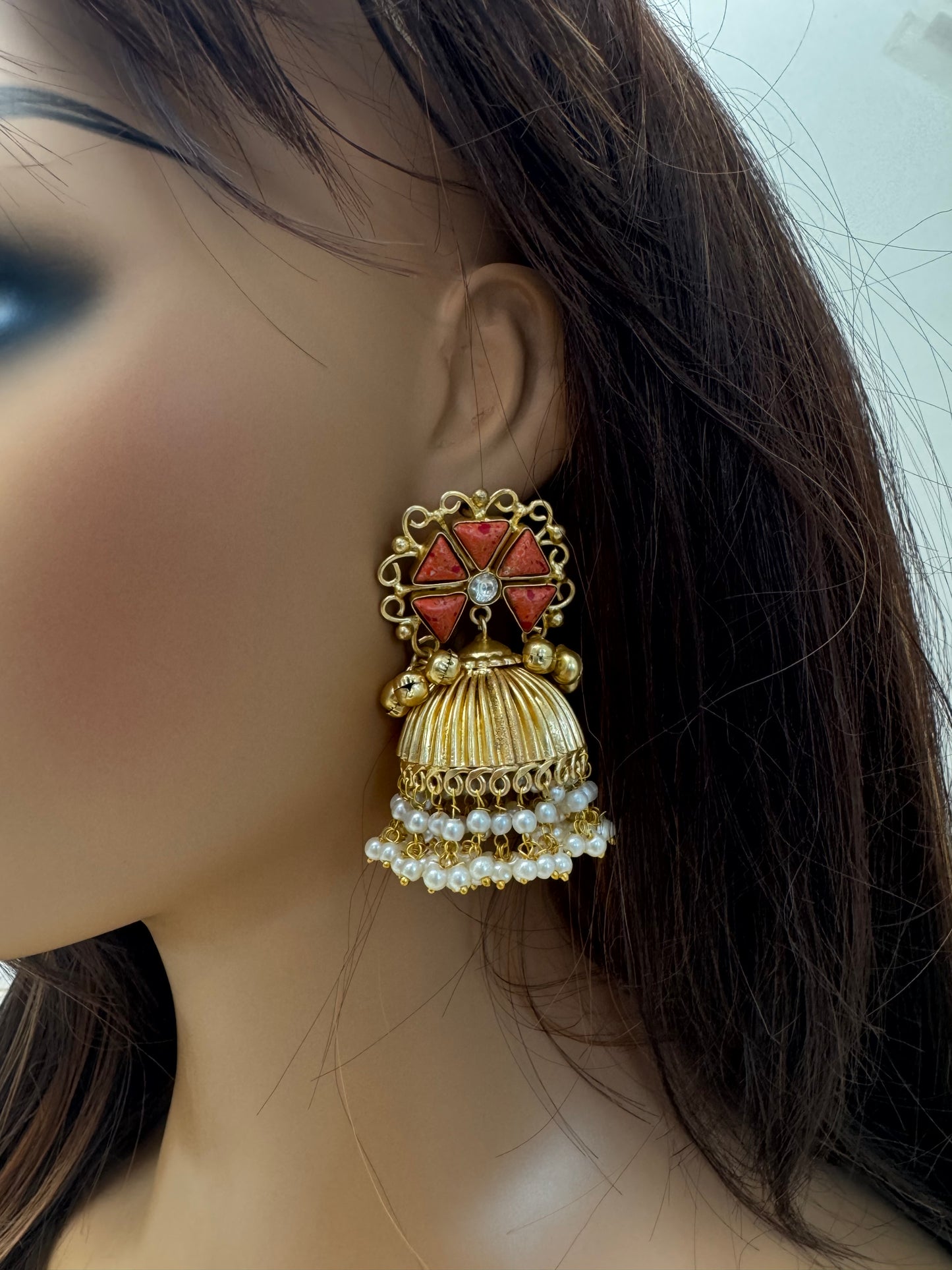 Coral Kundan Fusion Matt Gold Jhumka (101-18)