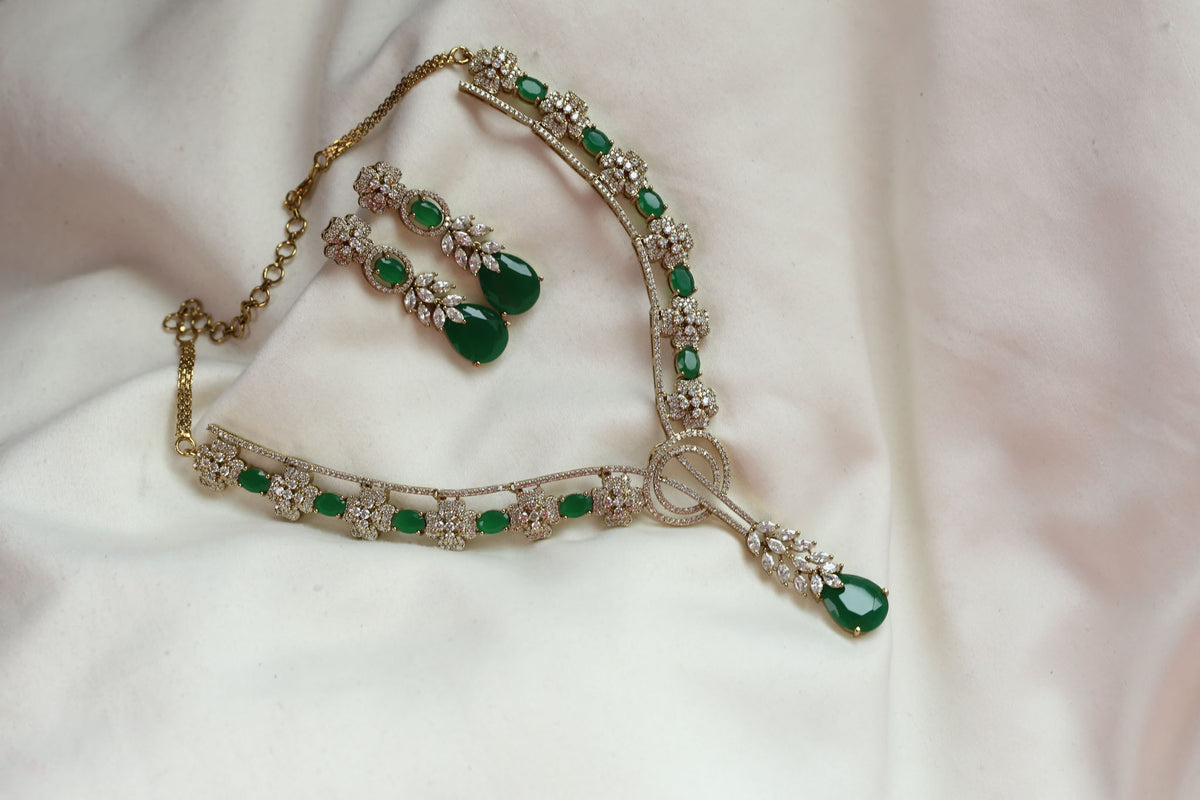 Ranjana Emerald Stones & CZ Necklace Set