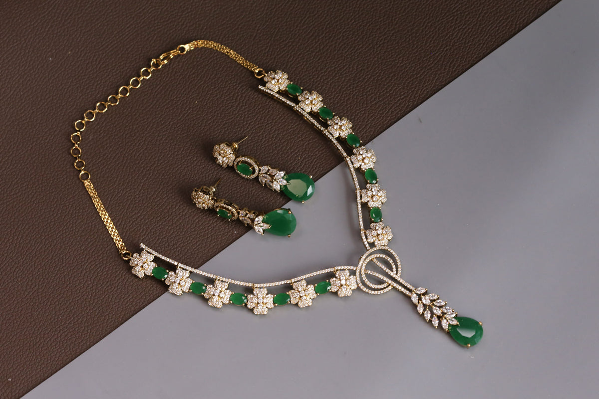 Ranjana Emerald Stones & CZ Necklace Set