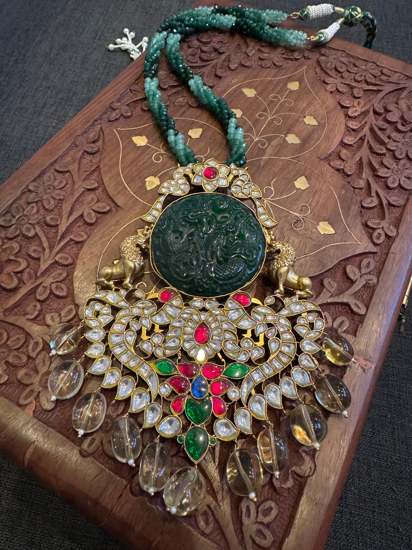 Premium Jadau Carved Jade Necklace - Lemon Quartz Drops