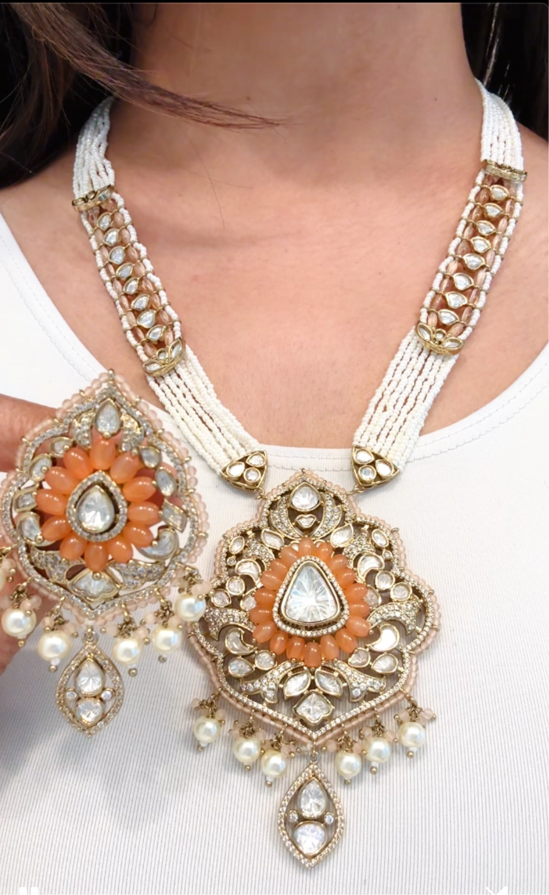 Orange Pota Stone & Uncut Kundan Necklace Set (ABJ-N101-93)
