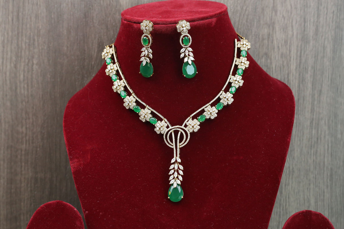 Ranjana Emerald Stones & CZ Necklace Set