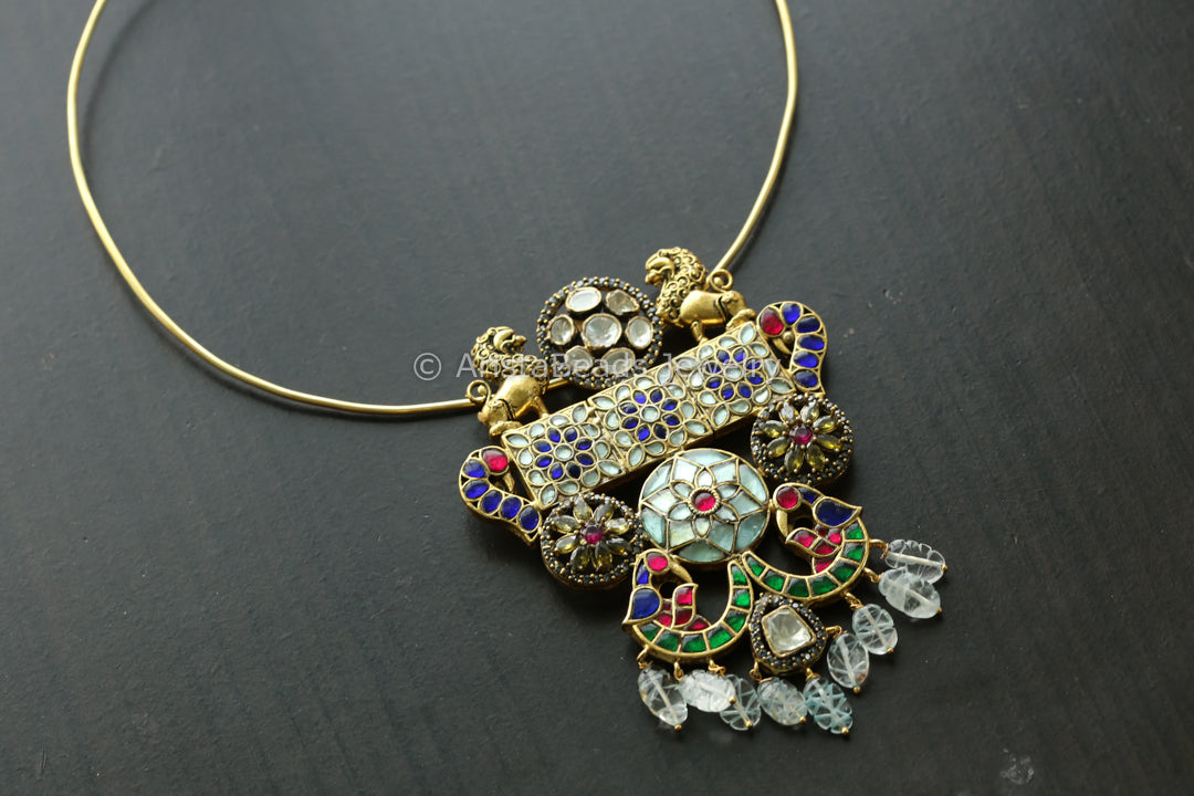 Moissanite Fusion Kundan Pendant- Carved Aquamarine Drops