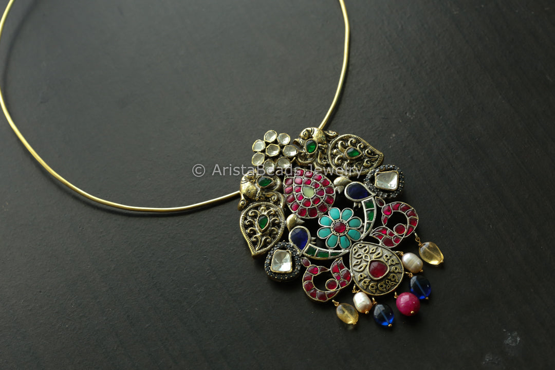 Moissanite Fusion Kundan Pendant- Real Pearls & Citrine Drops