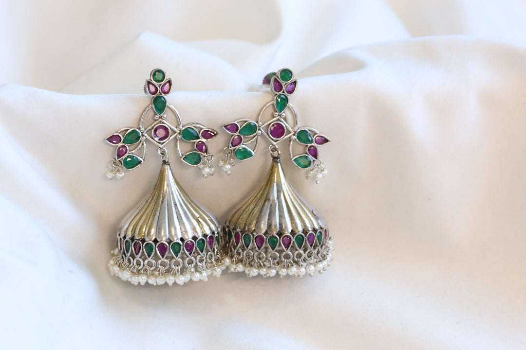 Large Dual Tone Jhumka - Green Ruby