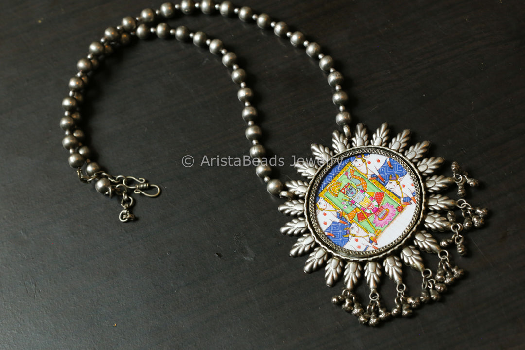 Pichwai Painting Silver Look Necklace - Balaji
