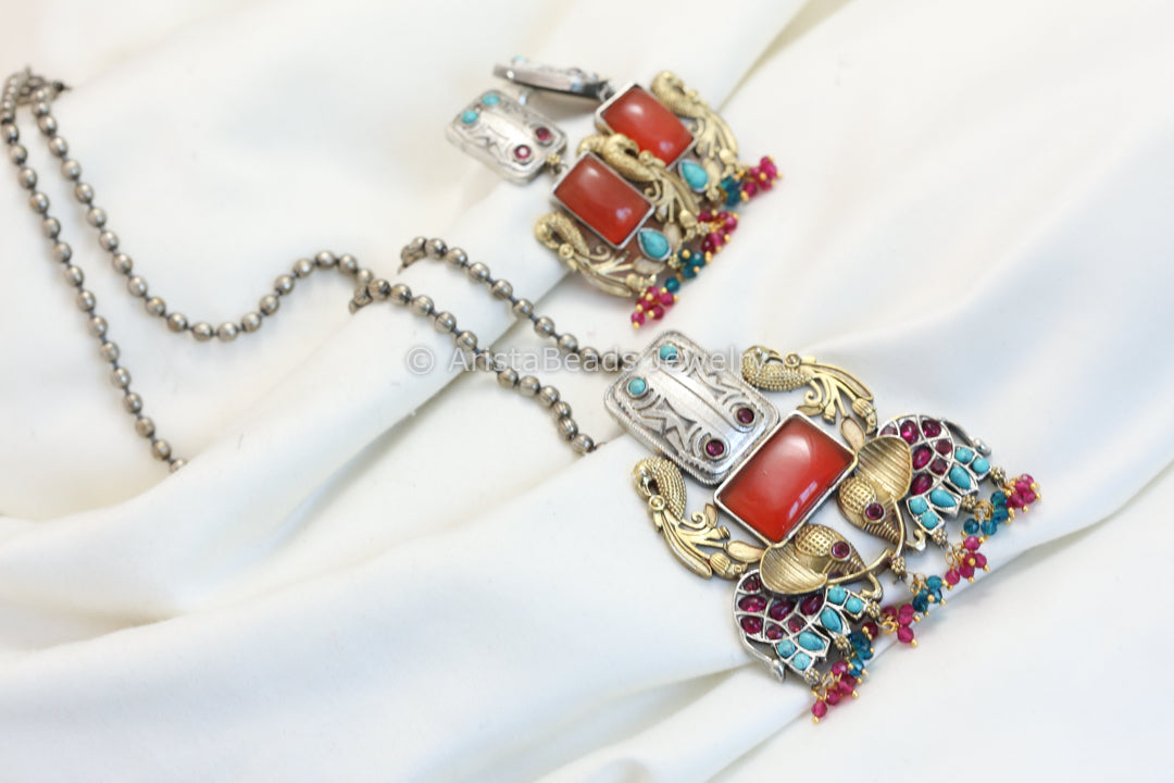 Silver Replica Necklace Set- Orange