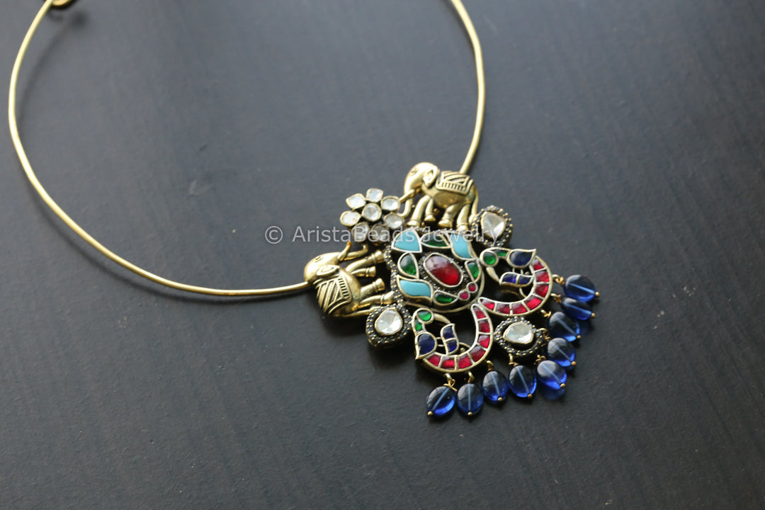Moissanite Fusion Kundan Pendant -Blue Drops