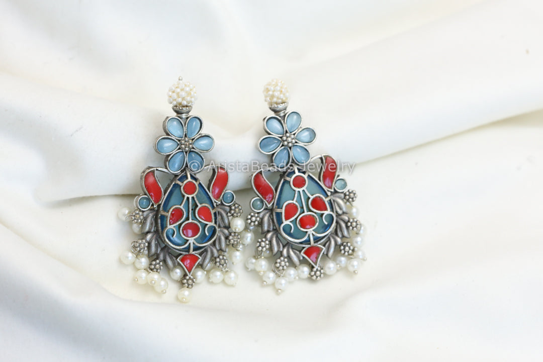 Silver Look Alike Earrings -  Coral Blue