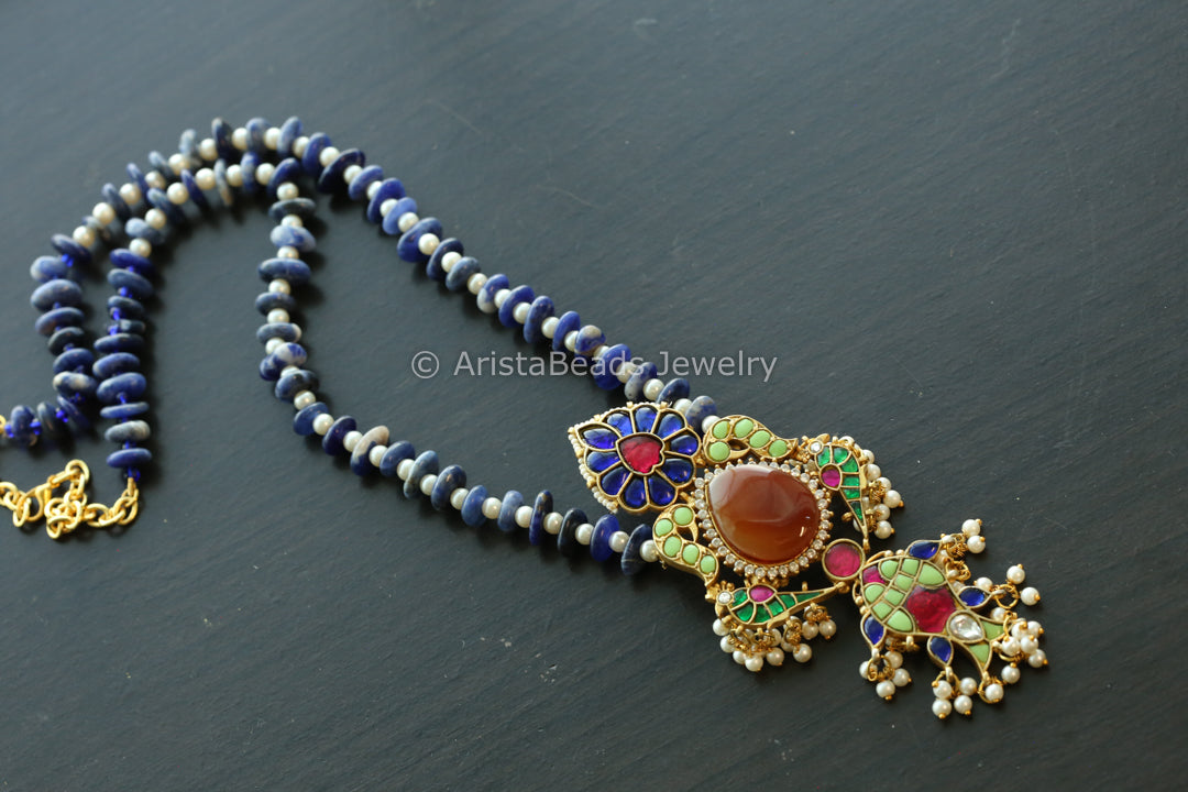 Carnelian Jadau Kundan Fusion Necklace - Style1 (Lapis mala)