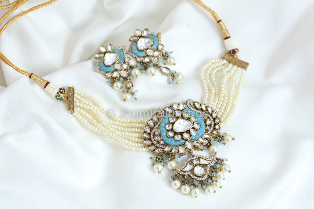 Moissanite Look Kundan Polki Necklace - Aqua