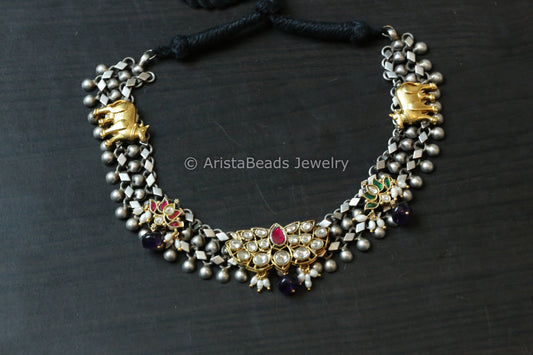 Real Silver Replica Necklace- Kundan & Cow  Motif