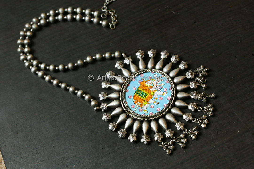 Pichwai Painting Silver Look Necklace - Airawat