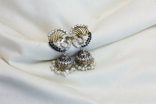 CZ Jadau Look Jhumka - Blue