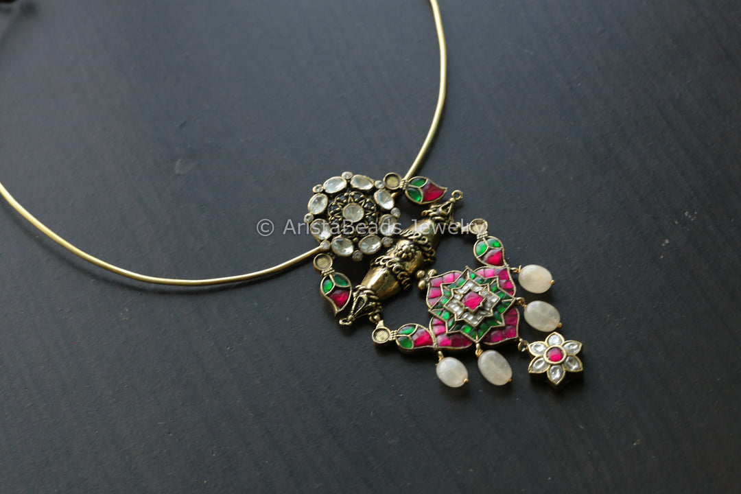 Moissanite Fusion Kundan Pendant - Rose Quartz & Kundan Drop