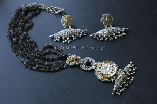 Fusion Kundan Dual Tone Necklace Set- Smokey Quartz Mala