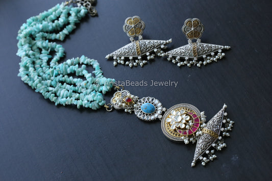 Fusion Kundan Dual Tone Necklace Set- Turquoise