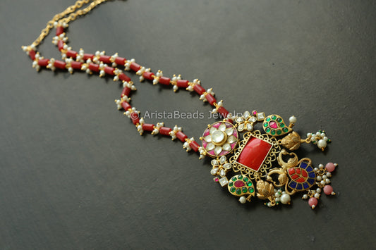 Handmade Jadau Necklace - Coral