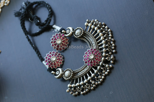 Silver Replica Necklace Set - Black Thread