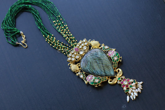 Designer Jadau Pendant Necklace - Carved Labradorite
