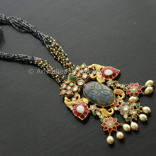Carved Labradorite Jadau Kundan Fusion Necklace - Style5
