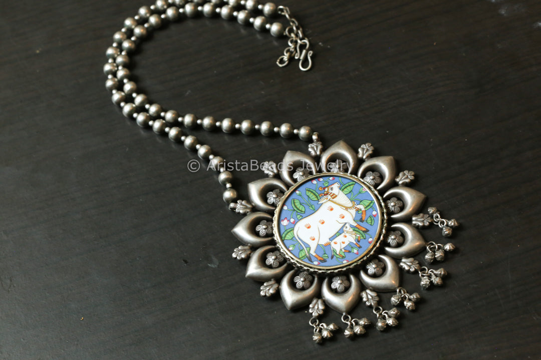 Pichwai Painting Silver Look Necklace - Nandi