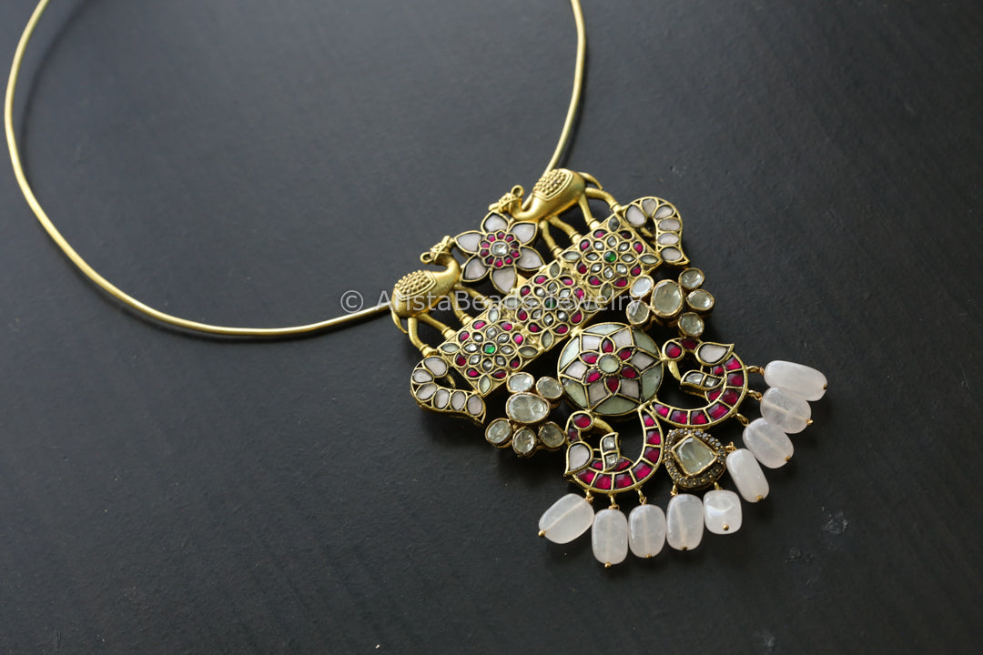 Moissanite Fusion Kundan Pendant- Rose Quartz Drops