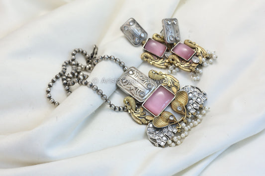 Silver Replica Necklace Set-Pink