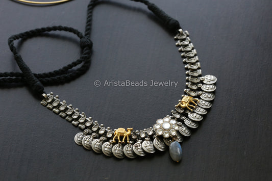 Silver Look Alike Coin Necklace - Labradorite Drop