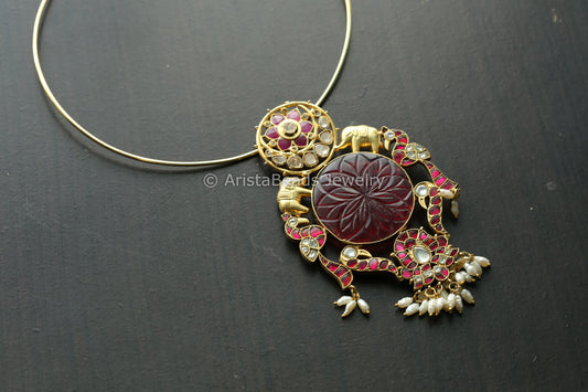 Fusion Jadau Kundan Pendant - Red Carved Stone (Hasli Removable)