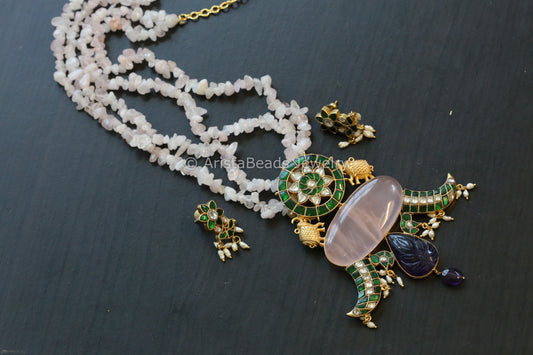 Rose Quartz Amethyst Designer Jadau Necklace Set