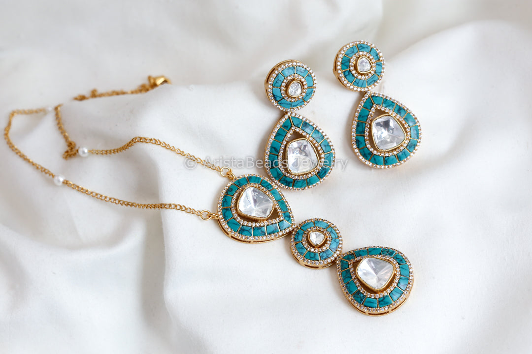 Jadau Kundan Moissanite Look Polki Kundan Set- Turquoise