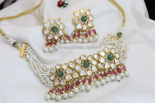 Real Moissanite Choker With Fluorite Melon Beads (103-70)