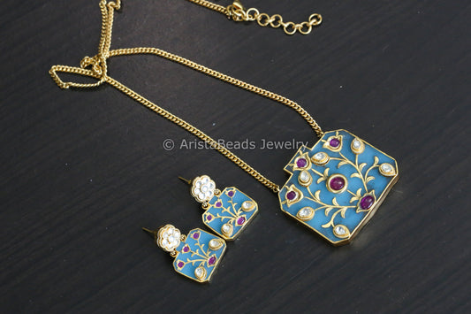 Jadau Kundan Inlay Work Set -Blue
