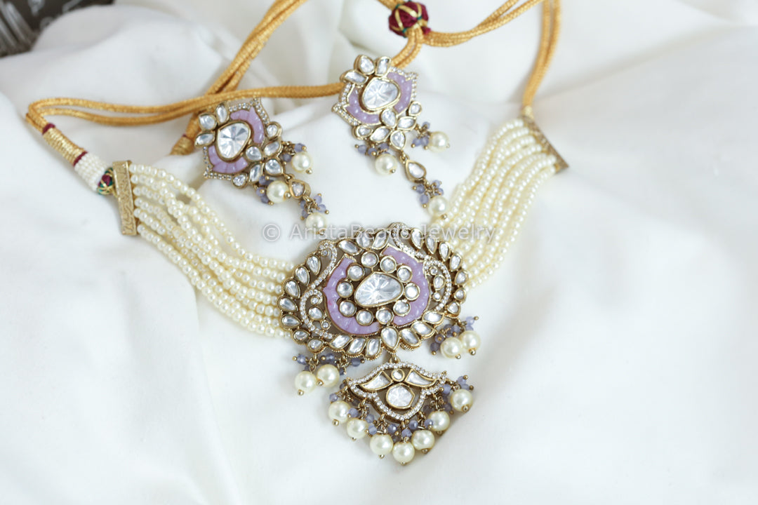 Moissanite Look Kundan Polki Necklace - Pink