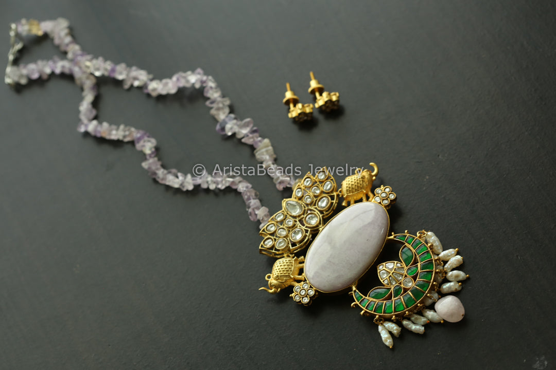 Jadau Kundan Fusion Necklace - Chalcedony ( Amethyst Chain)