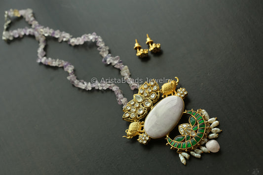 Jadau Kundan Fusion Necklace - Chalcedony ( Amethyst Chain)